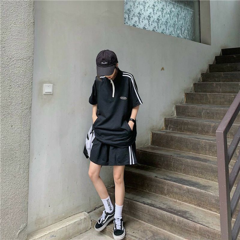 [ SẴN] Bộ thể thao áo polo khóa cổ phối sọc form Unisex