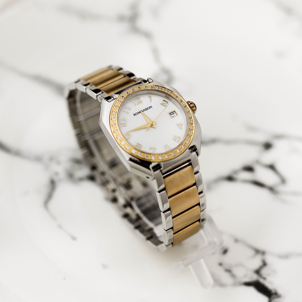 Đồng hồ Romanson Watch RM1208QLCWH nữ mặt khảm trai đính đá kính chống xước máy Thụy Sĩ chống nước dây thép chính hãng