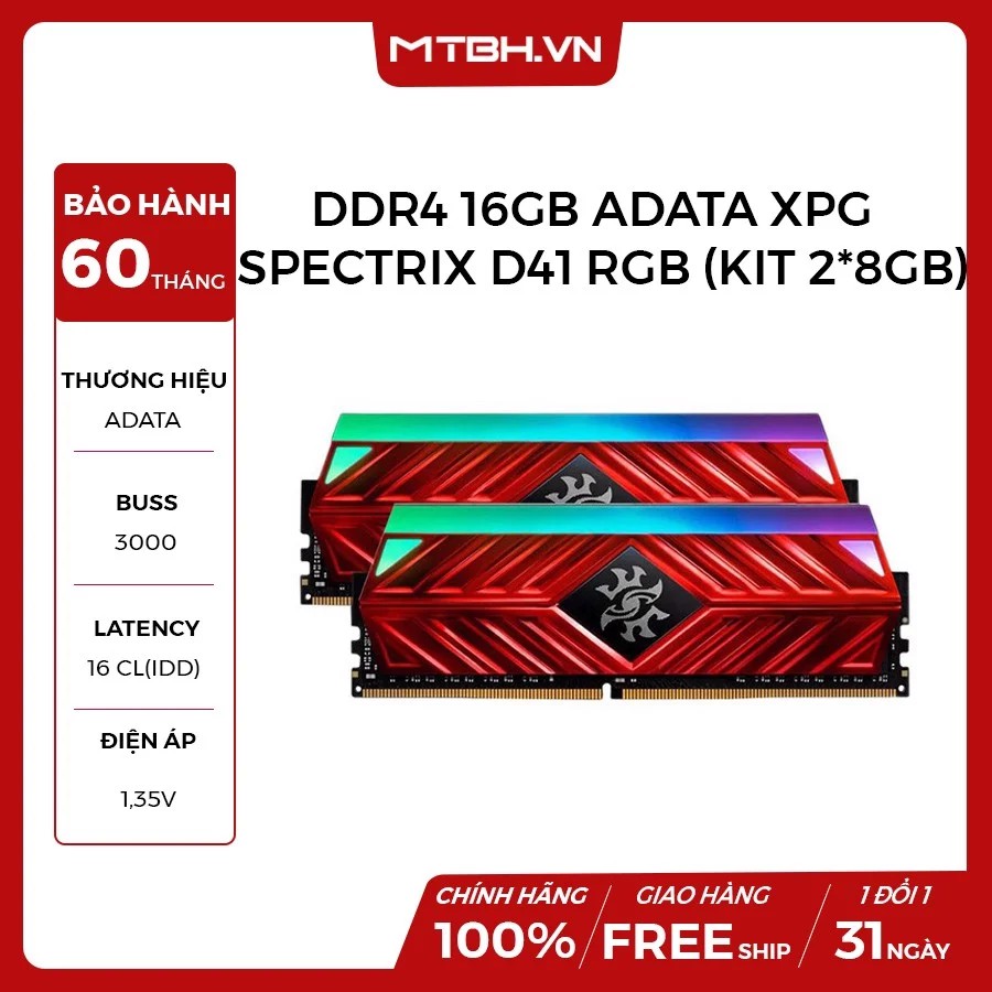 RAM DDR4 16GB ADATA XPG SPECTRIX D41 BUSS 3000 TẢN NHIỆT RGB (KIT 2*8GB)