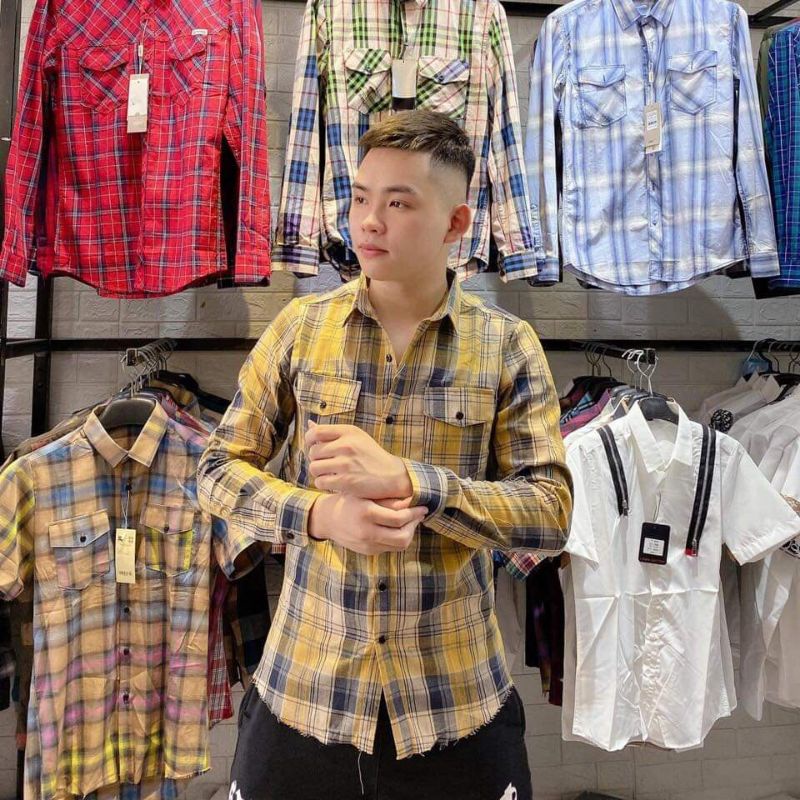 Áo sơ mi nam bbr dài tay kẻ sọc caro rách gấu , chất liệu cotton không phai màu không nhăn