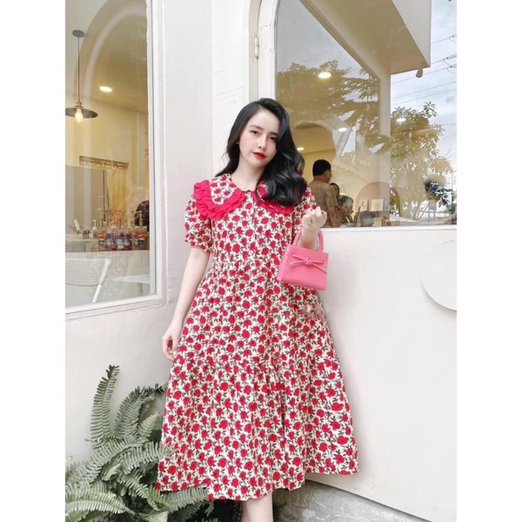 Đầm hoa nhí cổ bèo tầng viền màu Váy babydoll xòe ngắn tay