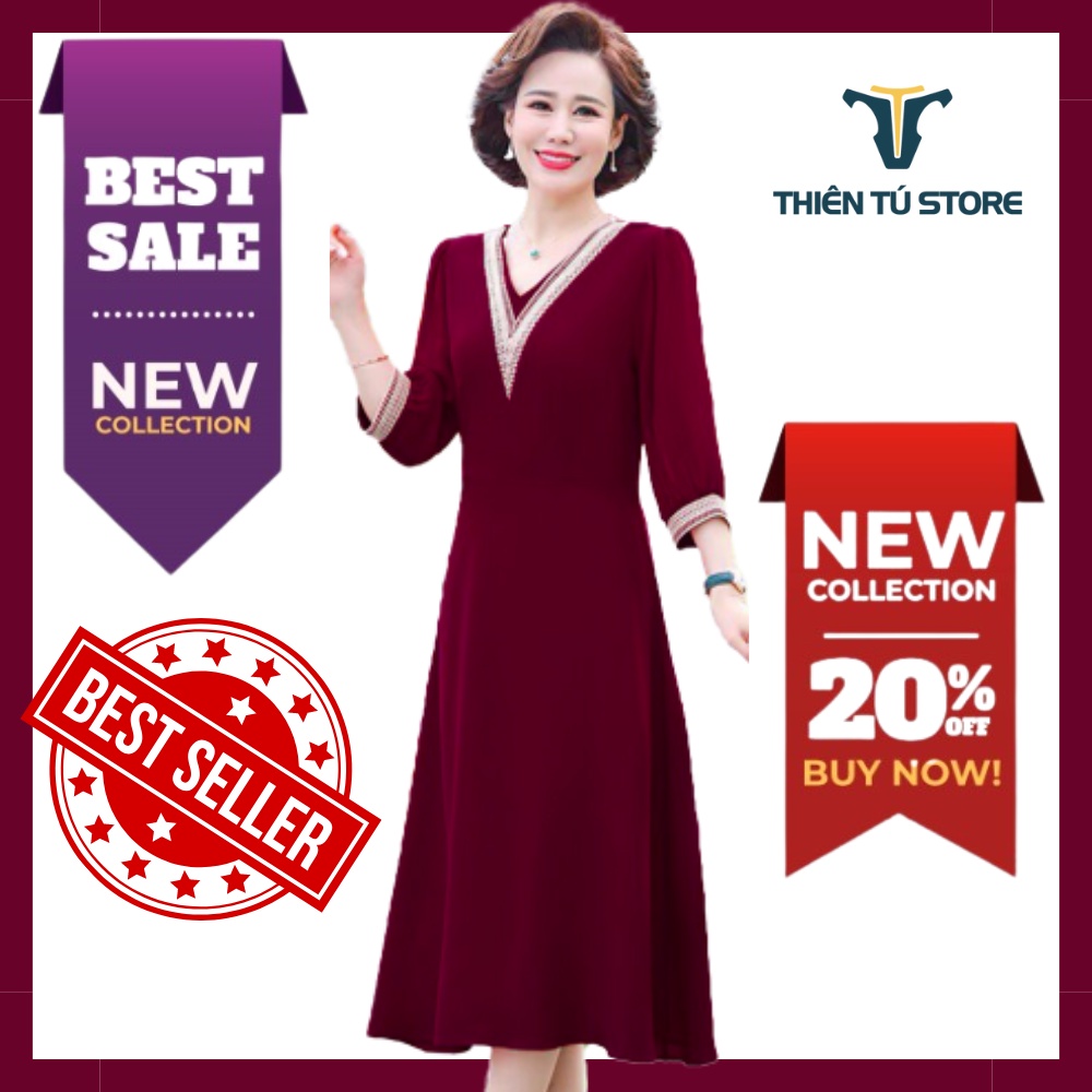 Đầm trung niên nữ sang trọng dự tiệc Thiên Tú cổ tròn ngắn tay chất voan mịn đẹp dáng suông dài đến cổ chân màu đơn sắc