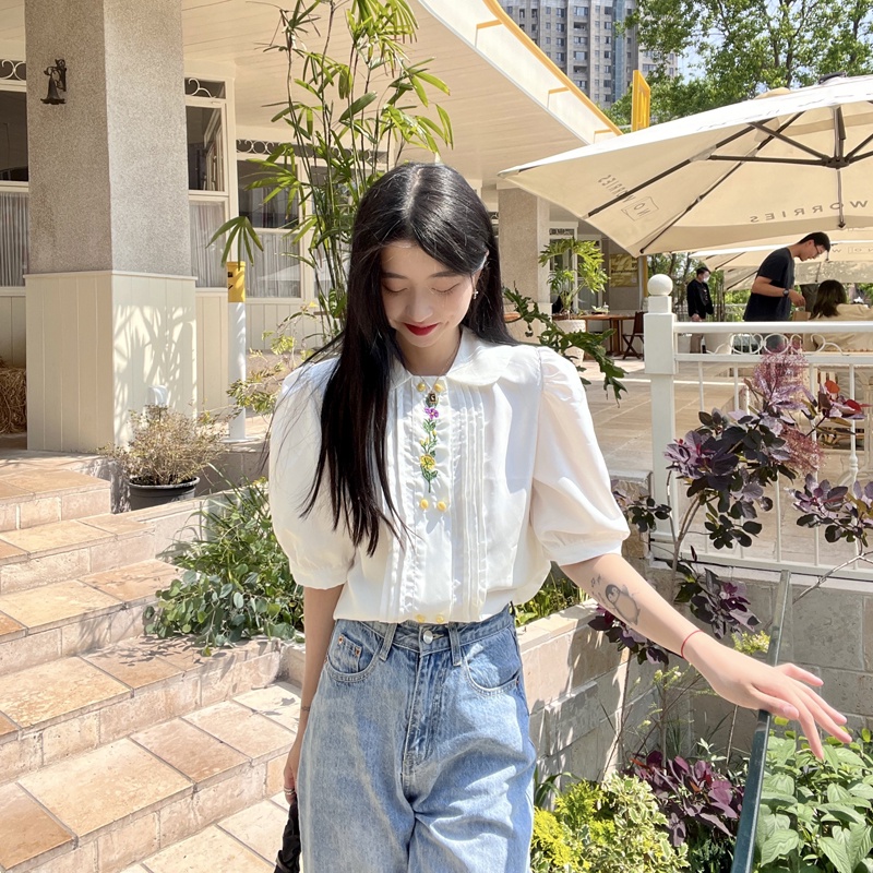 Áo Sơ Mi Ngắn Tay Cổ Búp Bê Thêu Họa Tiết Thời Trang Pháp Cho Nữ