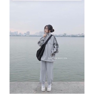 Bộ Nỉ Xám Kéo Khoá Trend Năm Nay -  Set Nỉ Cotton Mịn  Đẹp, Form Thụng, Quần Dây Rút - Nỉ Adidas