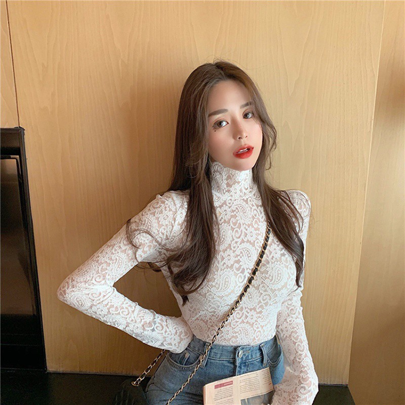 Áo kiểu tay dài cổ lọ phối ren hoa thiết kế quyến rũ cho phái nữ