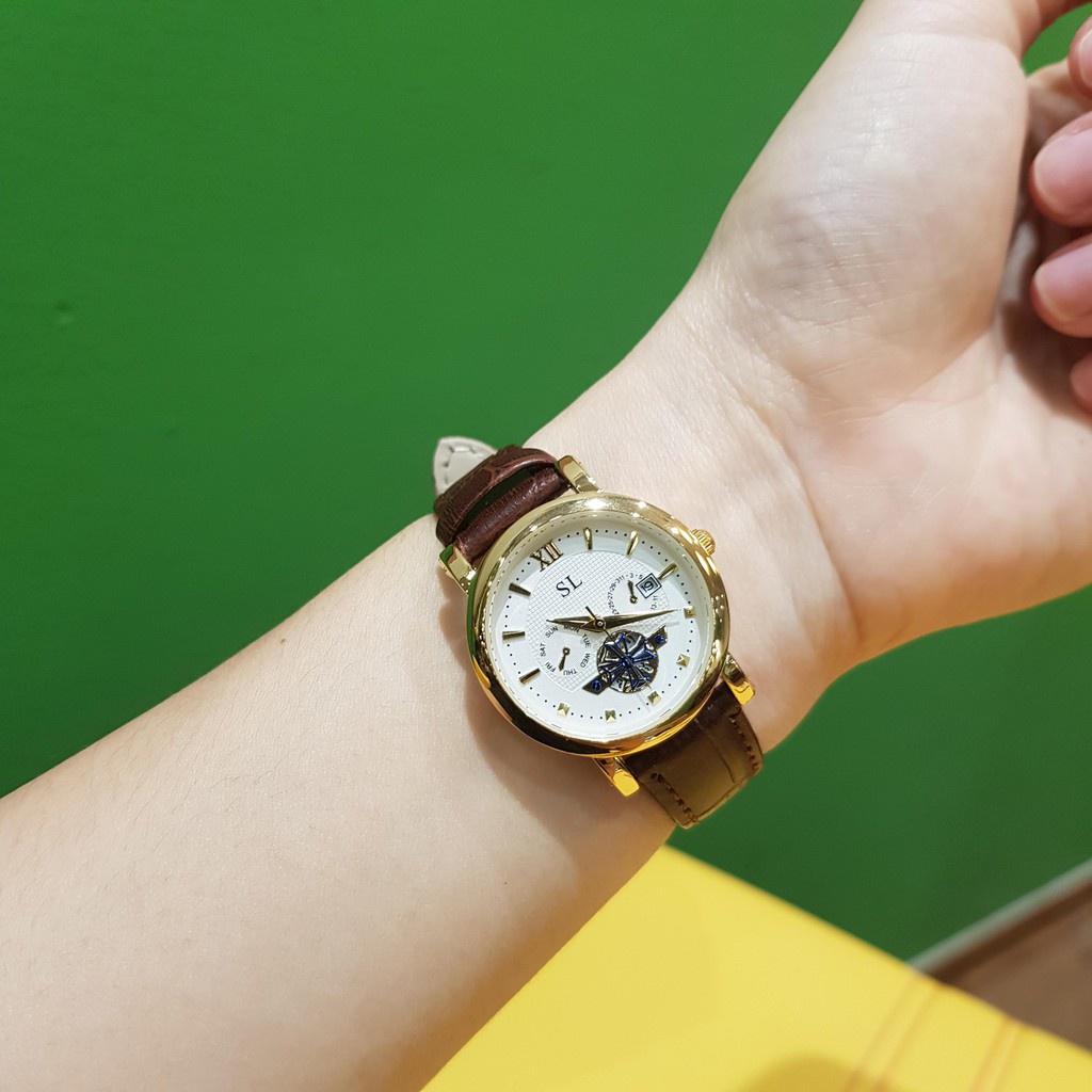Đồng hồ cặp đôi nam nữ SL dây da viền vàng lộ máy chống nước chính hãng giá rẻ