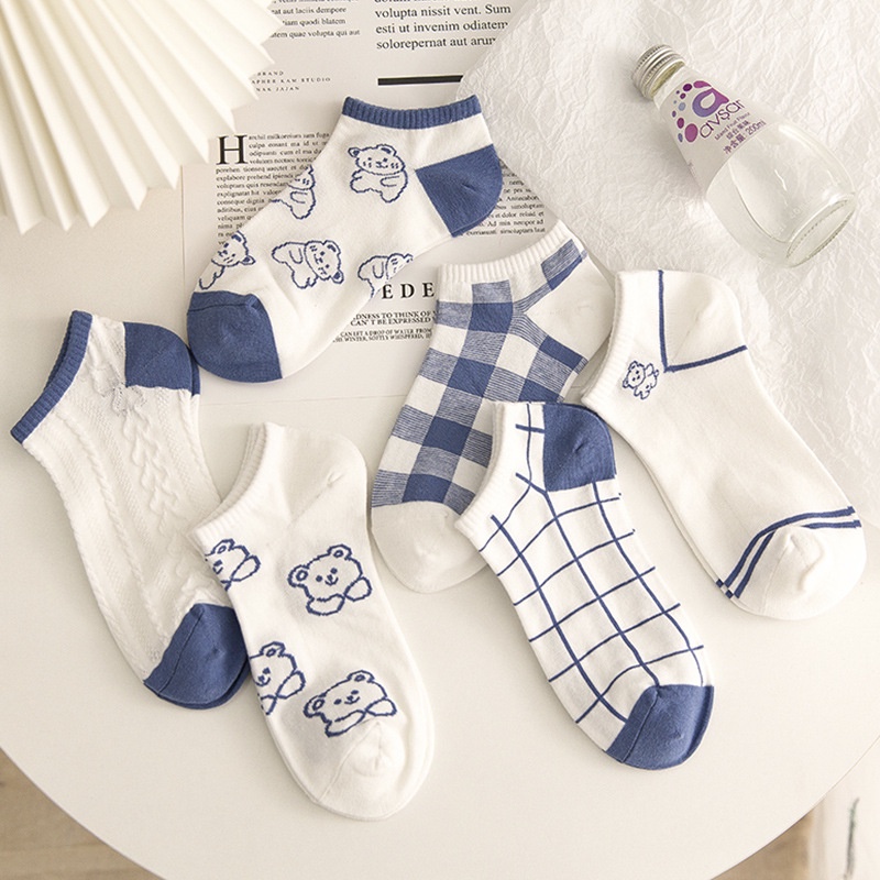 Tất vớ nữ cổ ngắn cotton mỏng thoáng hoạ tiết gấu caro xanh dương phong cách Hàn Quốc dễ thương M83