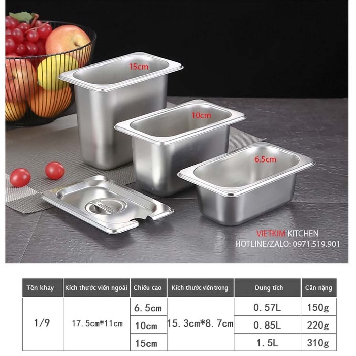 Khay inox đựng thạch trà sữa GN 1/9 sâu 6.5/10/15cm có nắp