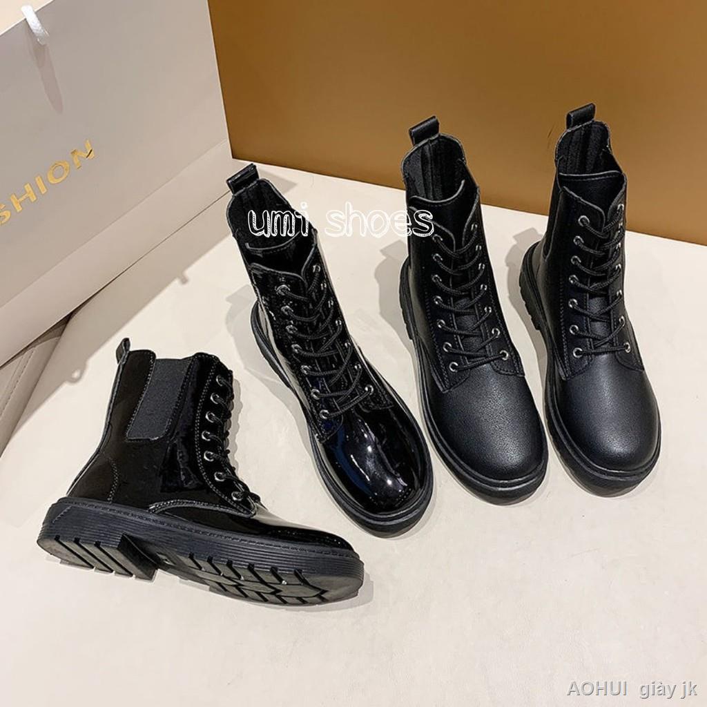 Giày bốt ulzzang cao cổ buộc dây cổ chun đế bằng da bóng da trơn cá tính đẹp mới xinh thời trang năng động