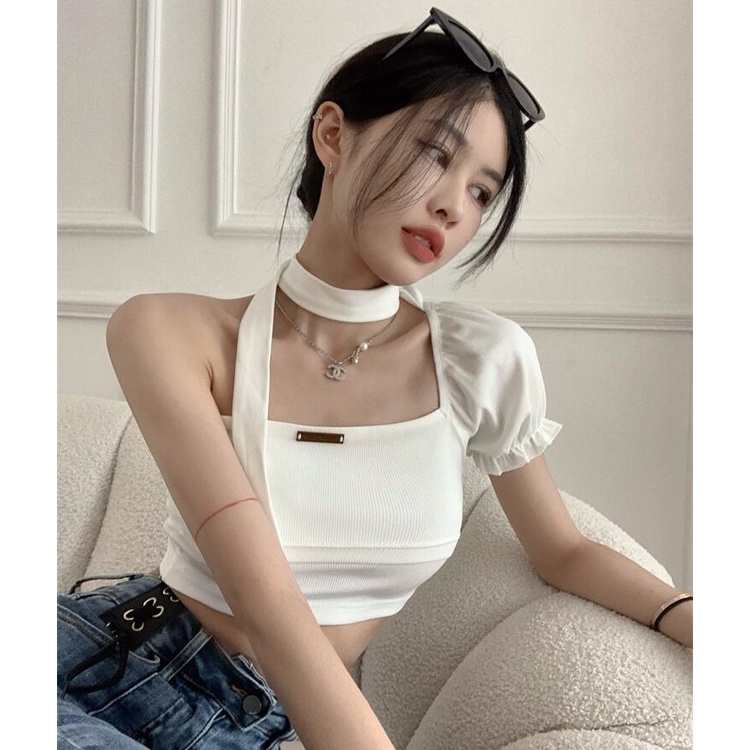QKOOLE Áo kiểu nữ ngắn tay dáng ôm phong cách Hàn Quốc