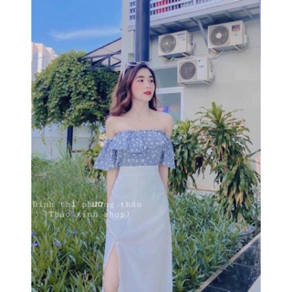 Set áo hoa cúc trễ váy xẻ