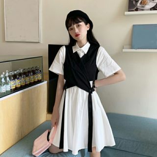 Sẵn sét M_Set Váy Sơ Mi Kèm Gile đen unisex buộc dây có ảnh thật