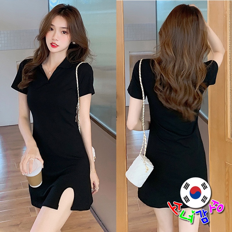 Đầm Đen Cổ Chữ V Tay Ngắn Phong Cách Thời Trang Hàn Quốc Dành Cho Nữ
