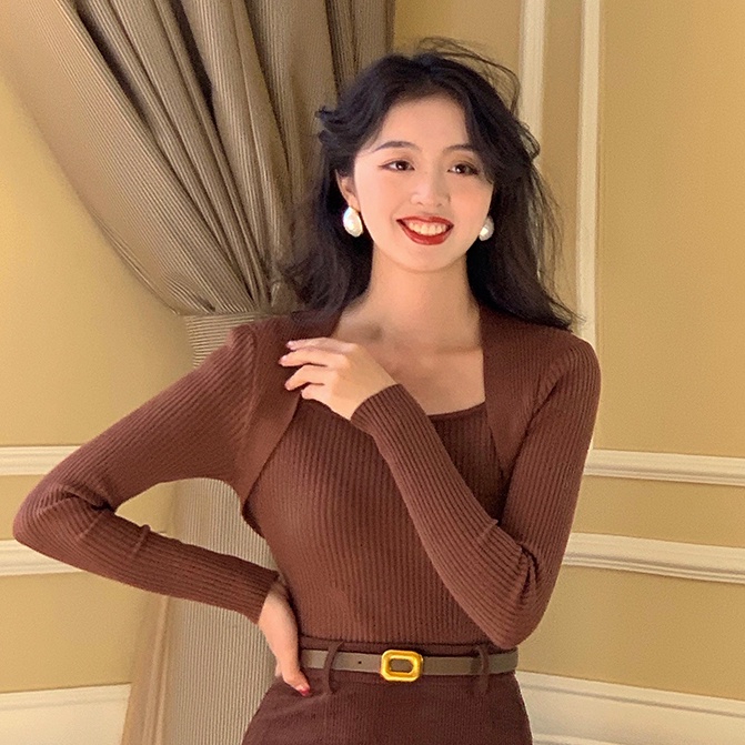 SUXI Áo Sweater Dệt Kim Cổ Vuông Màu Sắc Cổ Điển Thời Trang Mùa Thu Cho Nữ