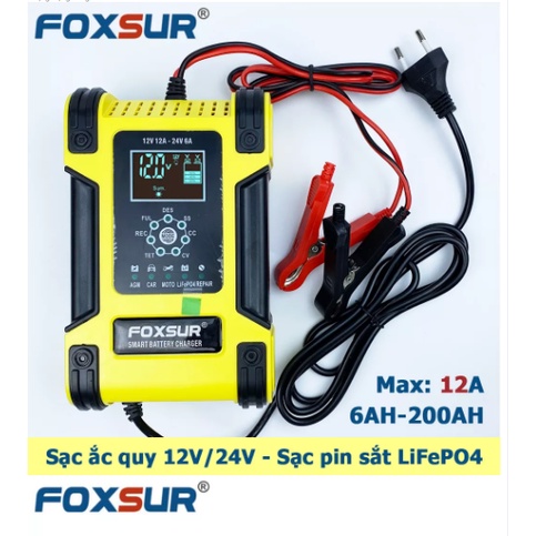 Bình ắc quy 12V10A- 24V5A, 5Ah - 200Ah FOXSUR sạc pin sắt LiFePO4 tự ngắt khi đầy khử sunfat khôi phục ắc quy Mẫu MỚI