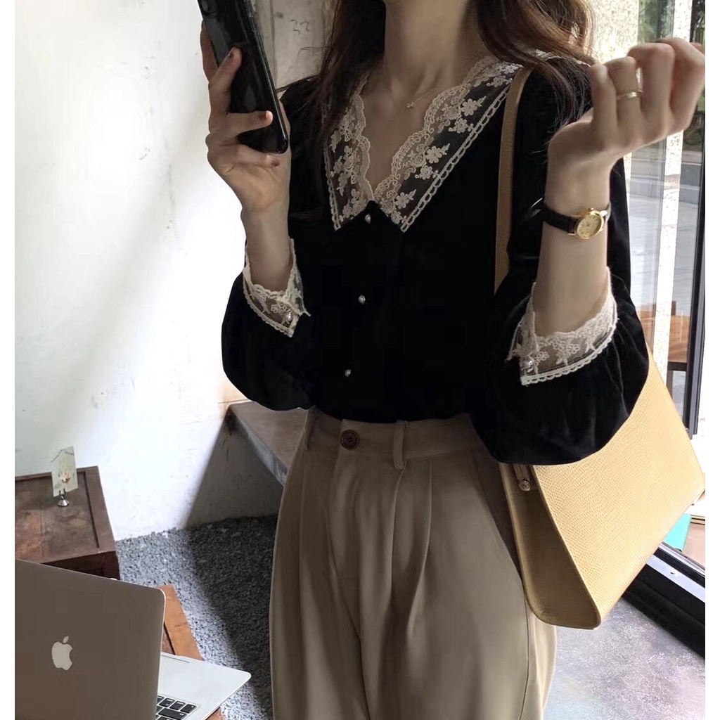 Áo sơ mi nhung tay dài phối ren thời trang thanh lịch dành cho nữ
