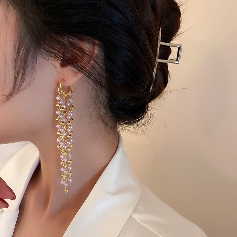 Khuyên Tai Tua Rua Dài Đính Ngọc Trai Sang Trọng Thời Trang Cho Nữ