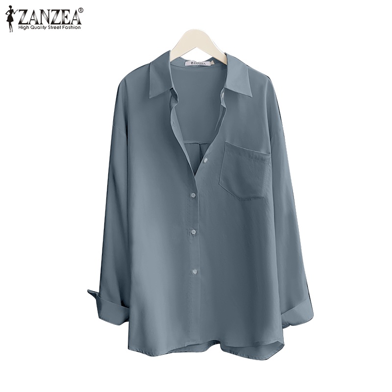 Zanzea Áo Sơ Mi Nữ Tay Dài Màu Trơn Có Túi Thời Trang