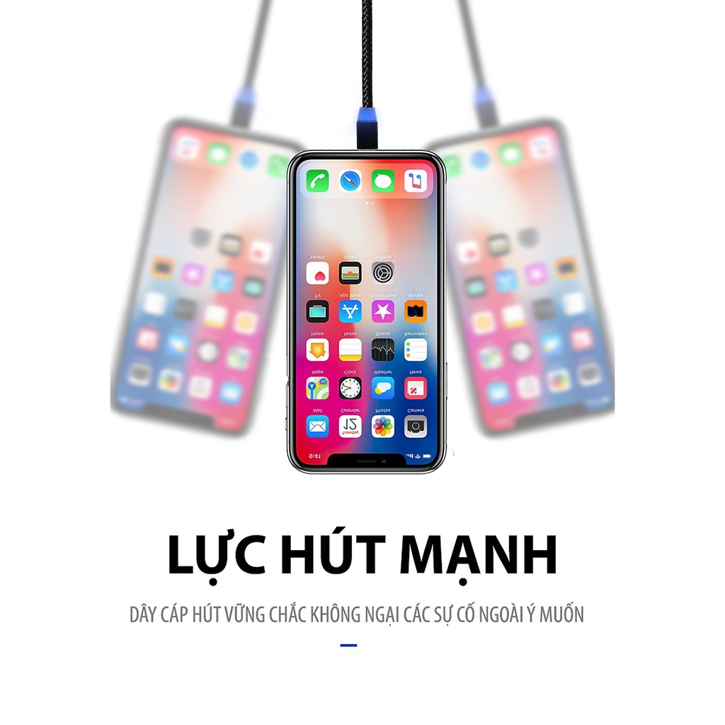 Cáp sạc nam châm 3 đầu iPhone / Android / Type C_Xoay 360 độ, Có Đèn LED, Sạc Nhanh
