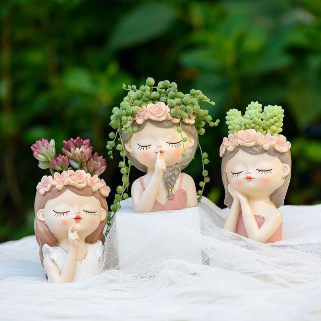 Bình Hoa Cô Gái Mini Chậu Trồng Cây Sen Đá Decor Bàn Làm Việc Chất Liệu Composite