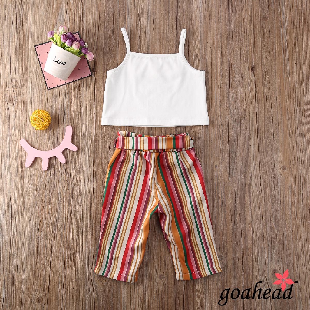 ☞❀❤♕GOAToddler Kids Baby Girl Clothes Sling Ruffle Tops + Rainbow Striped Pants with Knot-Bow Summer Outfits