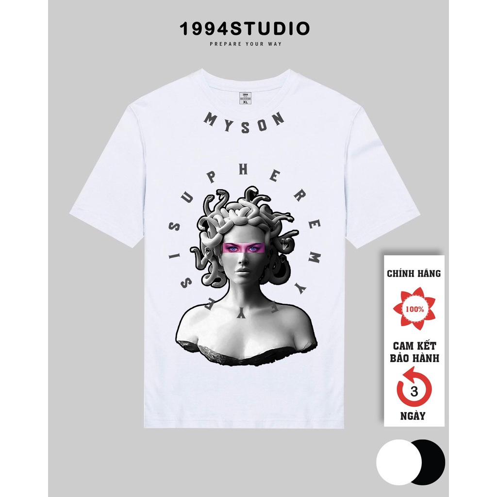 Áo thun nữ form rộng 2 màu đen trắng in hình medussa - 1994sutio | BigBuy360 - bigbuy360.vn