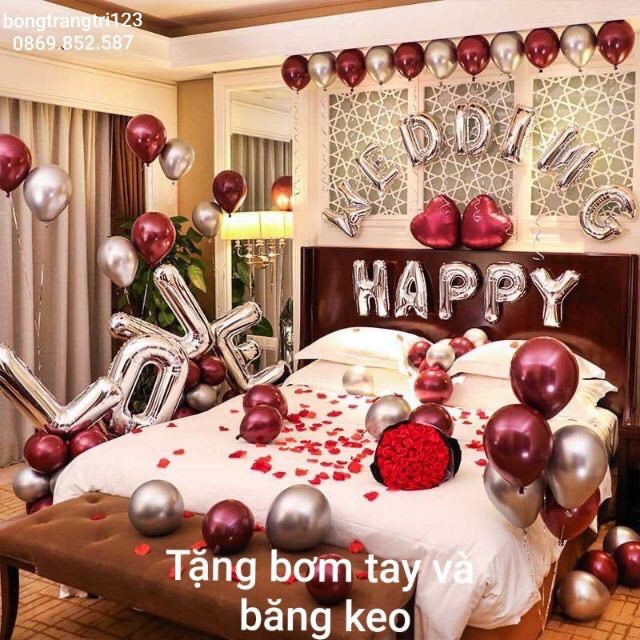 (Tặng 100 cánh hồng + Bơm+ băng dính) Set bóng bay trang trí phòng cưới có bộ bóng chữ LOVE size 40cm