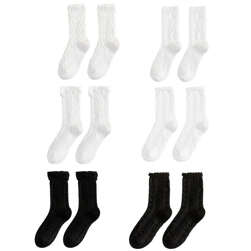 Vớ cotton dệt kim viền xoắn họa tiết sọc màu trắng/ đen phong cách học đường cho nữ sinh