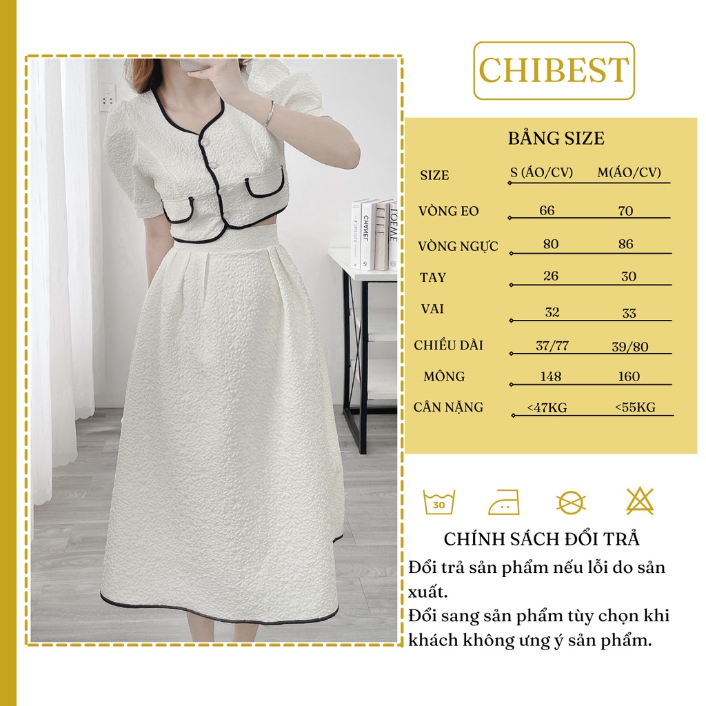 Set đồ nữ áo nút croptop phối viền tay ngắn kèm chân váy xòe chữ A dáng dài dáng dài tiểu thư HSB64 CHIBEST