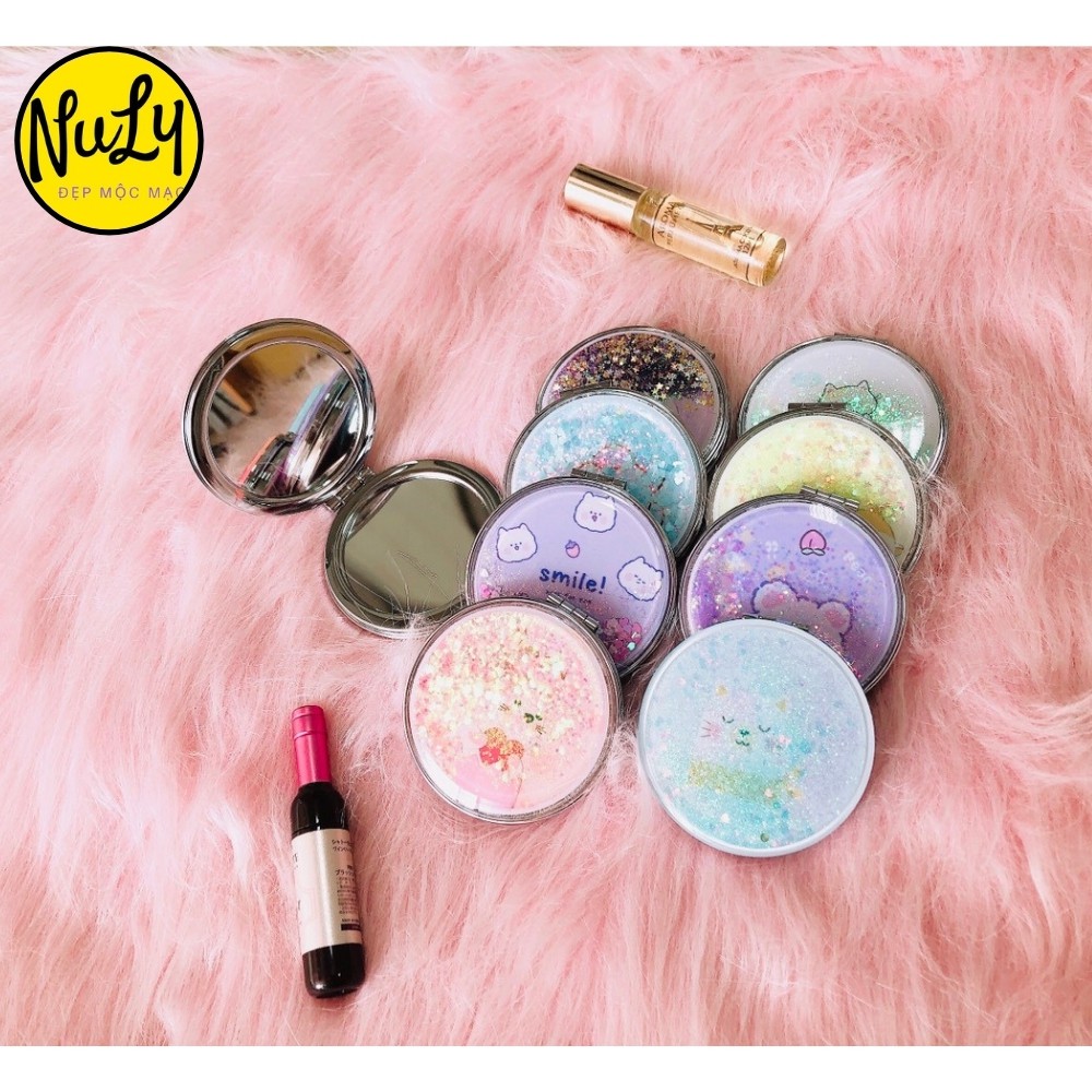 Gương trang điểm mini cầm tay siêu cute, gương kim tuyến 2 mặt bỏ túi phong cách Hàn Quốc