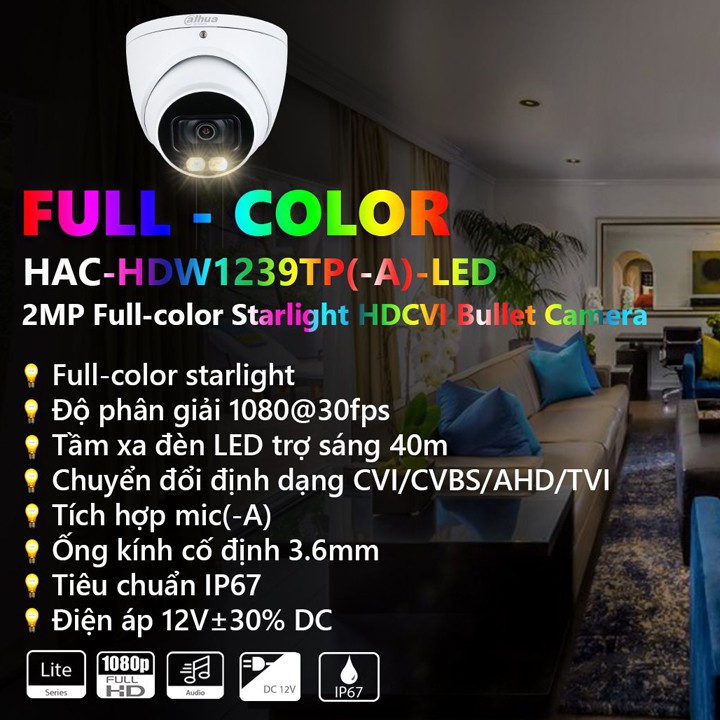 Camera dome HDCVI 2MP FullColor tích hợp mic DAHUA DH-HAC-HDW1239TP-A-LED - chính hãng DSS Việt Nam