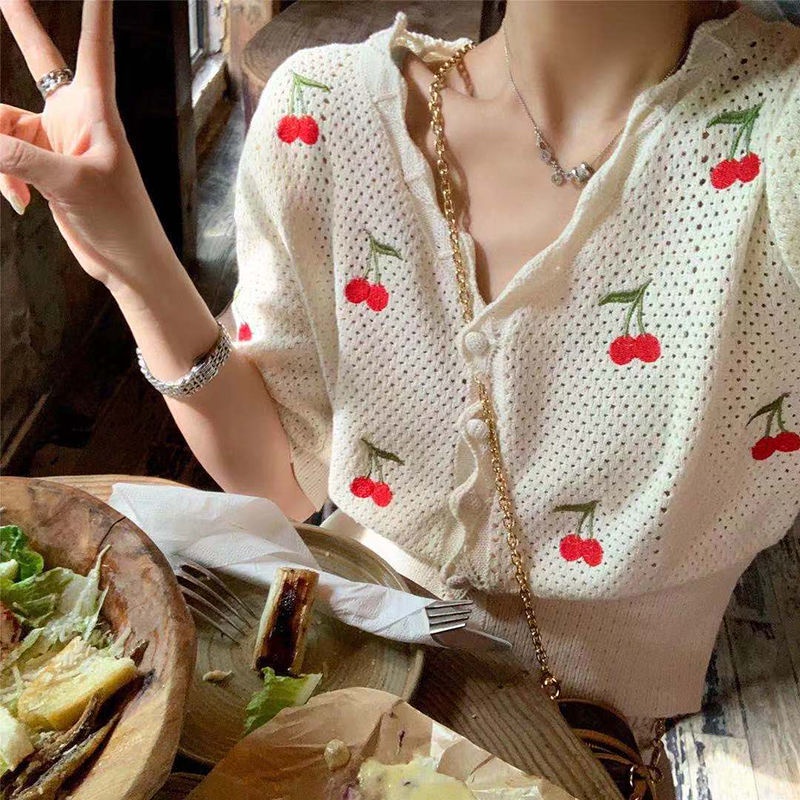 Áo Sweater Dệt Kim Thêu Hình Trái Cherry Xinh Xắn Cho Nữ