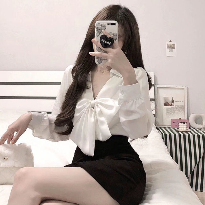 Set áo sơ mi cổ chữ v + chân váy ôm dáng thiết kế thời trang phong cách Hàn Quốc có bán lẻ