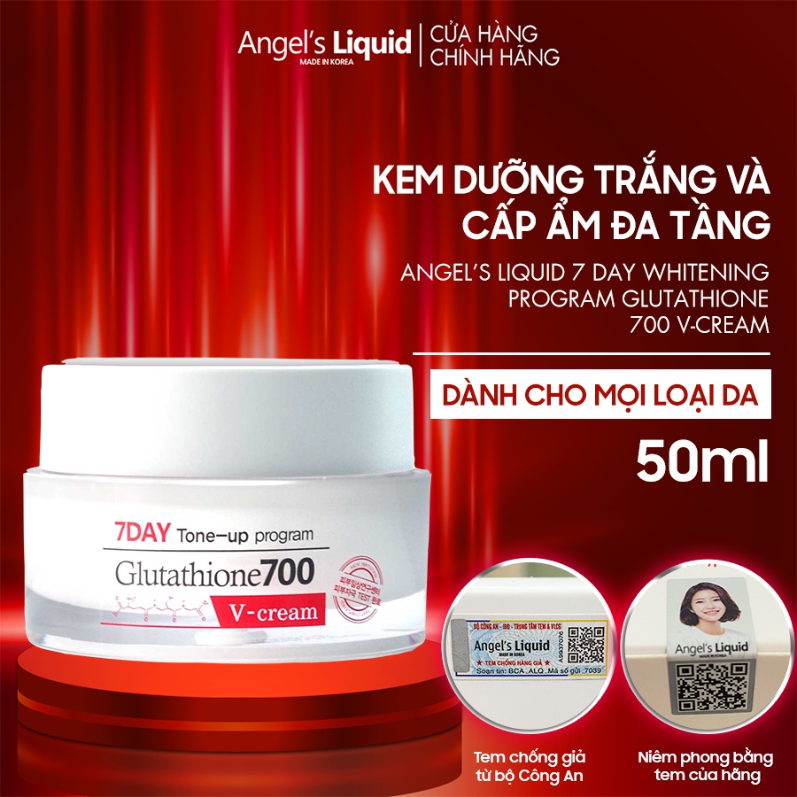 Kem Dưỡng Trắng Da Cấp Ẩm Đa Tầng Angel's Liquid 7 Day Whitening Program Glutathione 700 V-Cream 50ml