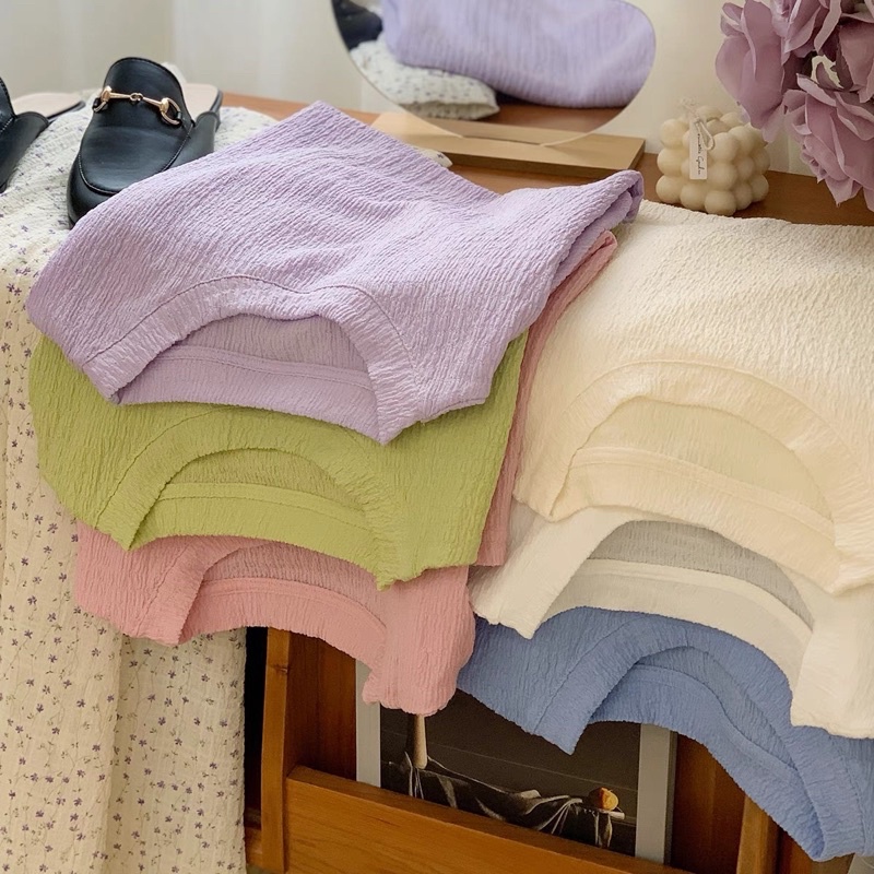 Áo thun xốp nhăn tay ngắn cổ tròn màu pastel