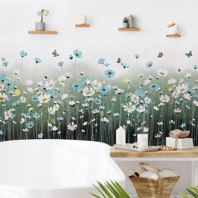 Decal trang trí tường - Chân tường cỏ dại trắng xanh