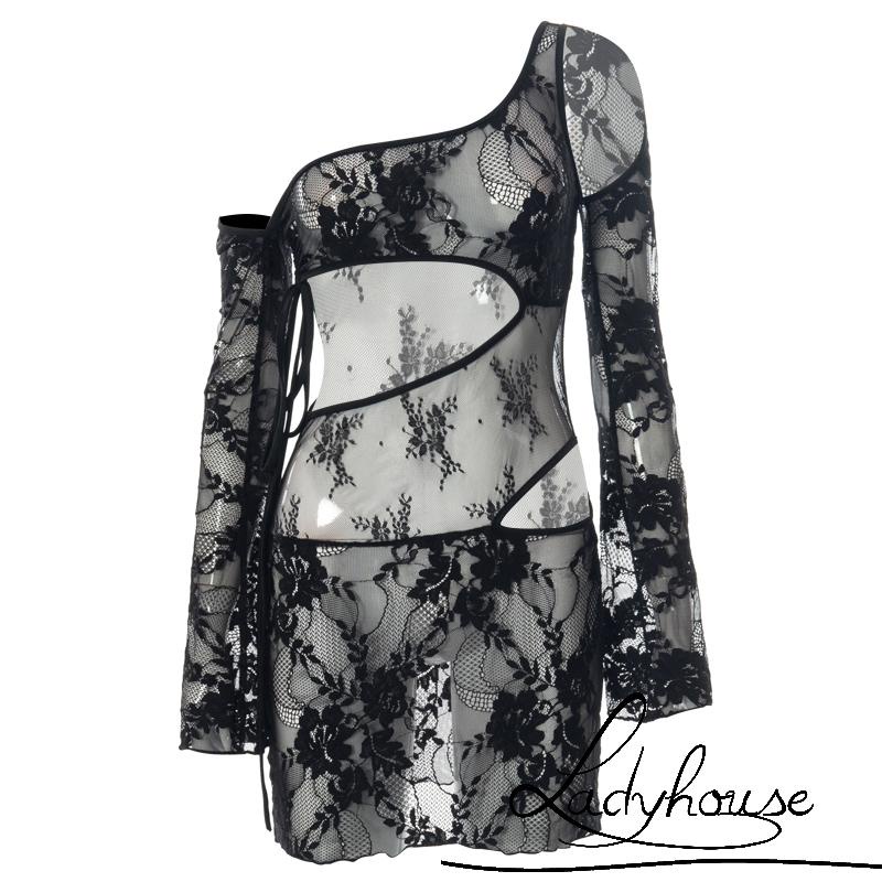 LD-Female Dress, Solid Color One Shoulder Long Sleeve See-Through Lace One-Piece for Summer, Black, S/M/L