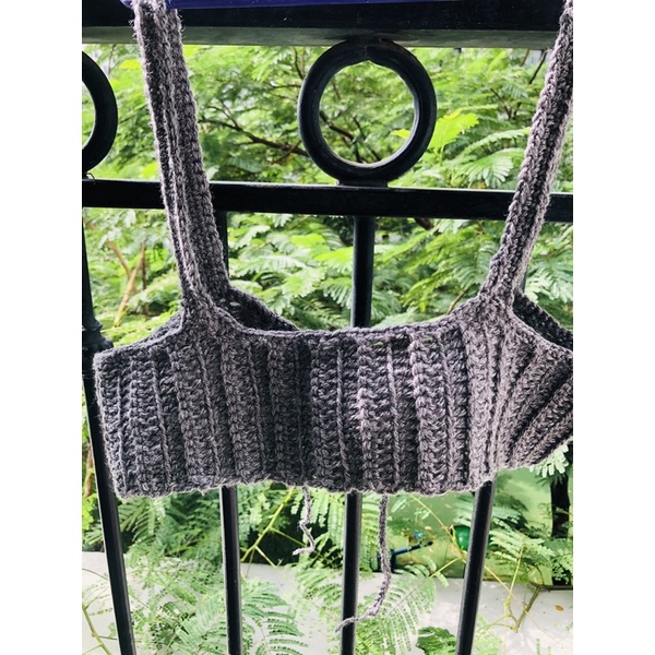 Áo bralette len móc áo croptop dáng bra thắt dây lưng ghi lông chuột