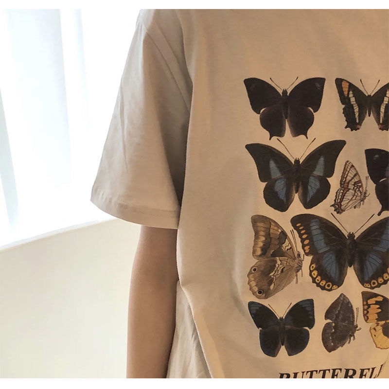 IELGY Áo thun tay ngắn dáng rộng in họa tiết bươm bướm phong cách cổ điển dành cho nữ