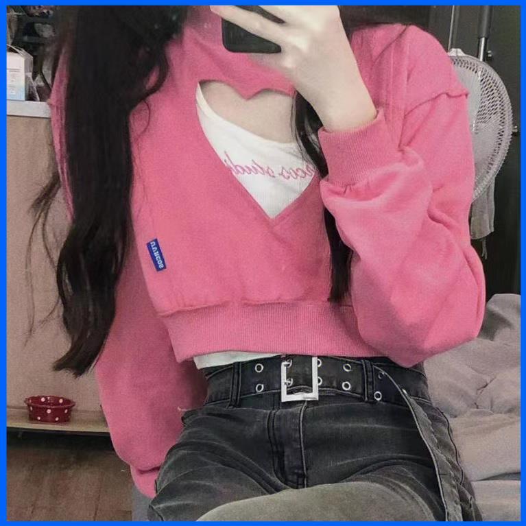 áo croptop nữ Quá đáng yêu!Áo Nỉ Lửng Dáng Rộng Hở Eo Màu Trơn Cho Nữ Sinh