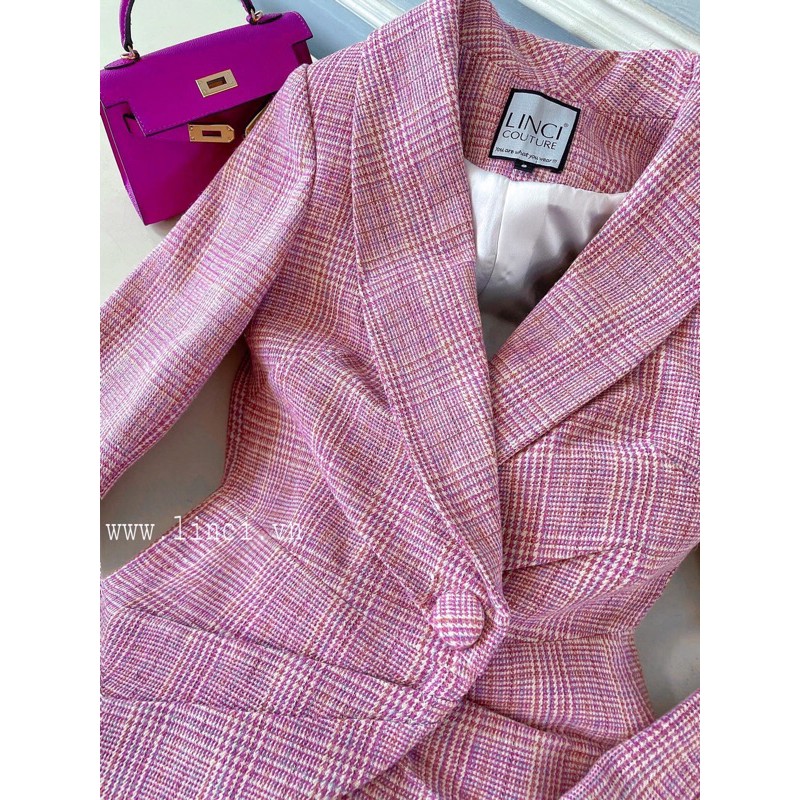 Vải đẹp DẠ TEXT kẻ hồng may váy set vest