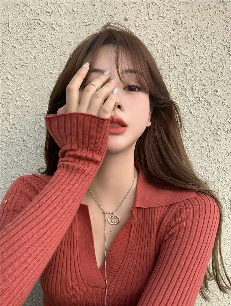 Áo kiểu ngắn tay dài cổ polo chữ V ôm dáng mẫu 2021 thời trang mùa thu mới quyến rũ dành cho nữ WD1424