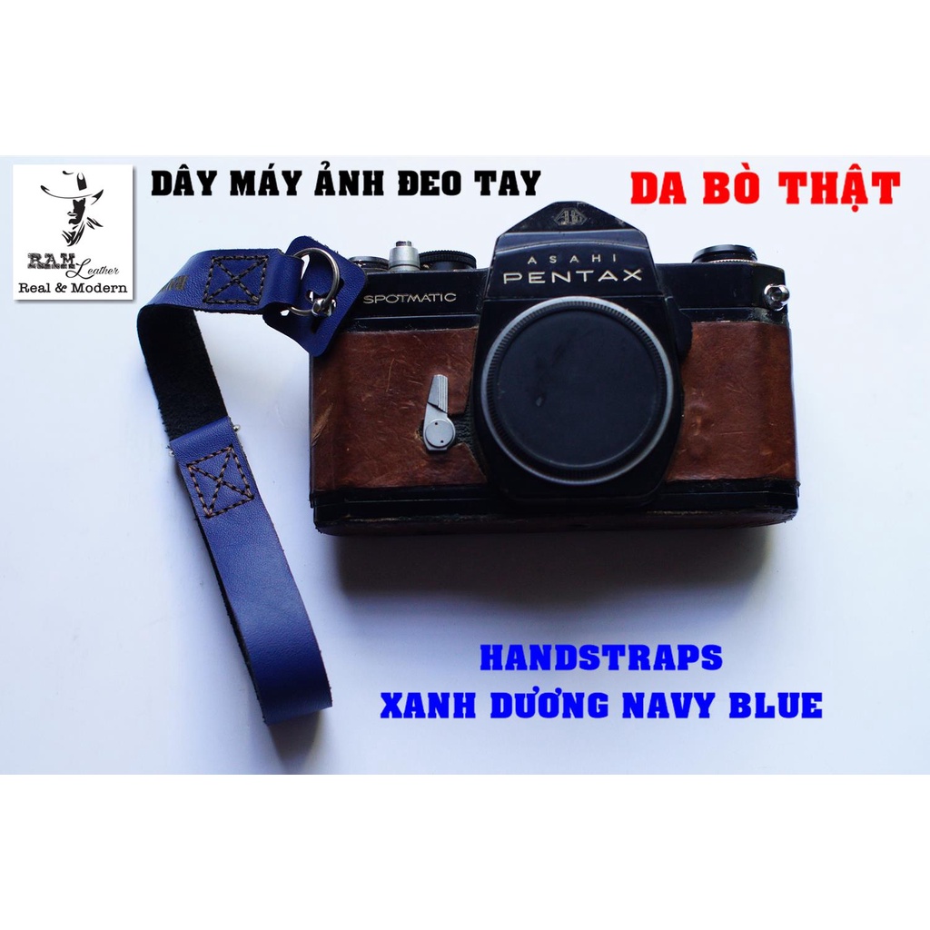 Dây máy ảnh vintage RAM Leather da bò thật handstrap màu xanh dương