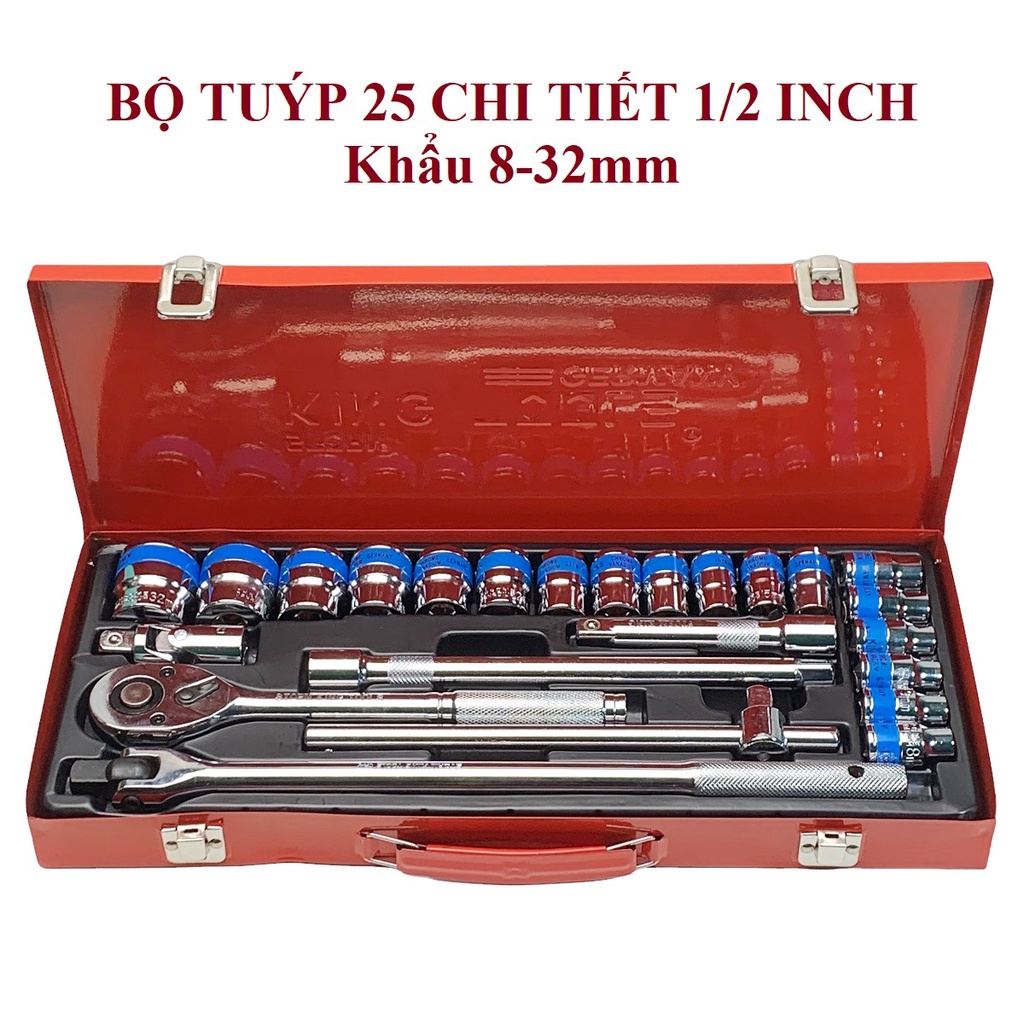 Bộ khẩu tuýp King tools 25 chi tiết hệ 1/2 inch 8-32mm, hàng chất lượng cao phù hợp tiệp sửa xe, gara ô tô