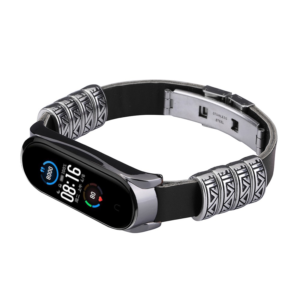 Dây Đeo Thay Thế Chất Liệu Da Khung Kim Loại In Nổi Họa Tiết Cổ Điển Cho Xiaomi mi band 7 6 5 NFC mi band 4 / 3