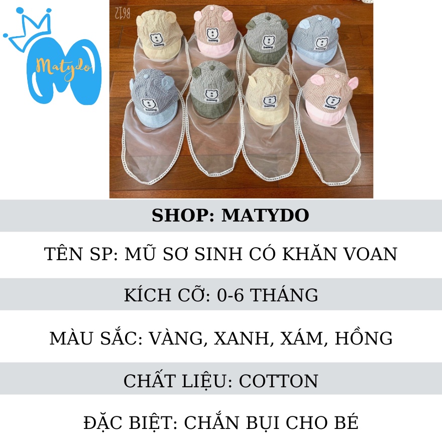 Mũ cho bé sơ sinh đẹp có khăn voan che mặt nón chống dịch chống bụi cho trẻ đi tiêm phòng an toàn gấu kẻ 0-6 tháng