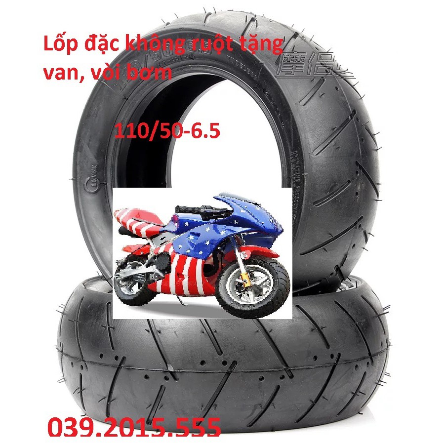 Lốp, vỏ xe đặc không dùng ruột moto 50cc, 90/65-6.5 tặng chân van