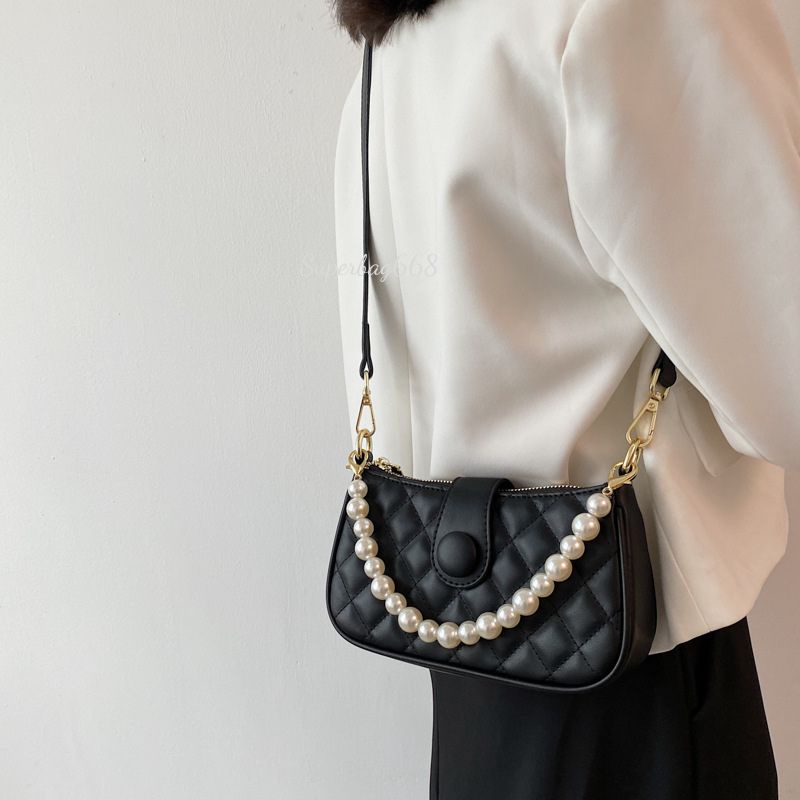 Túi Xách Nữ Kẹp Nách Đeo Chéo Phối Dây Ngọc Cúc Vân Trám 227