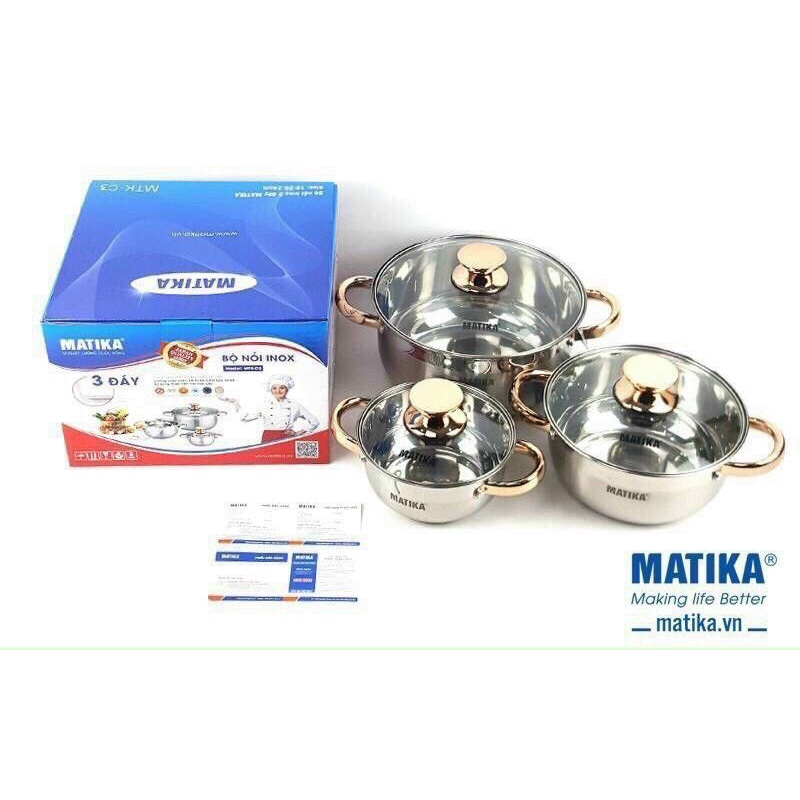 Bộ 3 nồi inox Makita 3 đáy vung kính