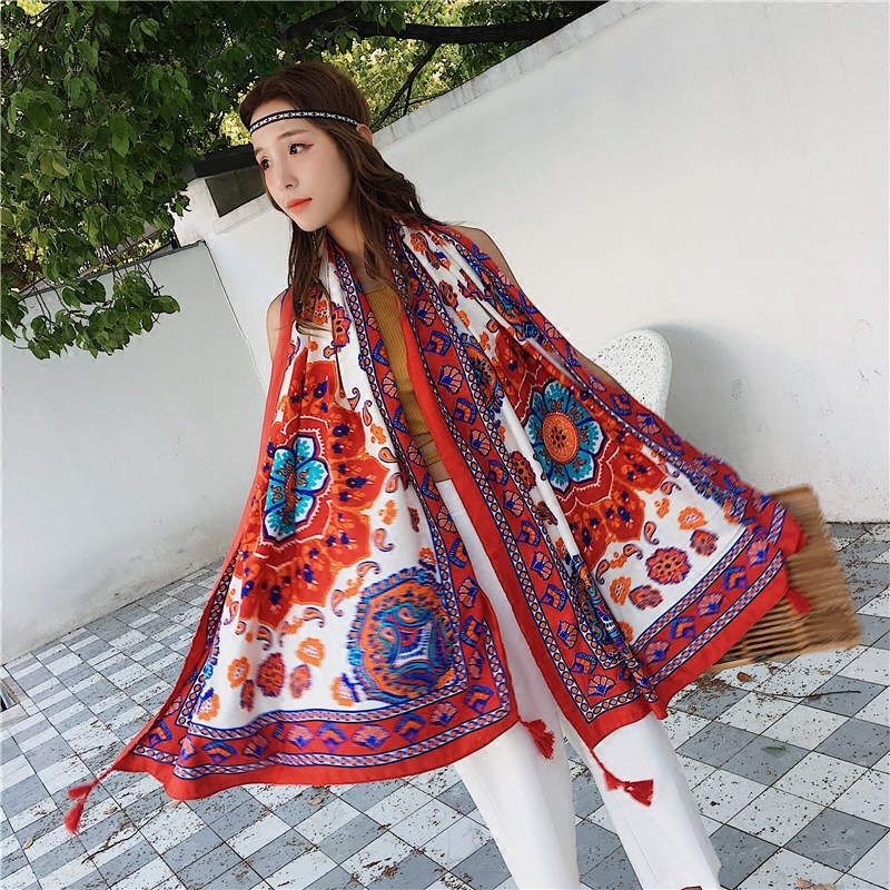 Khăn boho choàng chống nắng hoạ tiết đỏ hoa vàng, khăn choàng boho thổ cẩm vintage